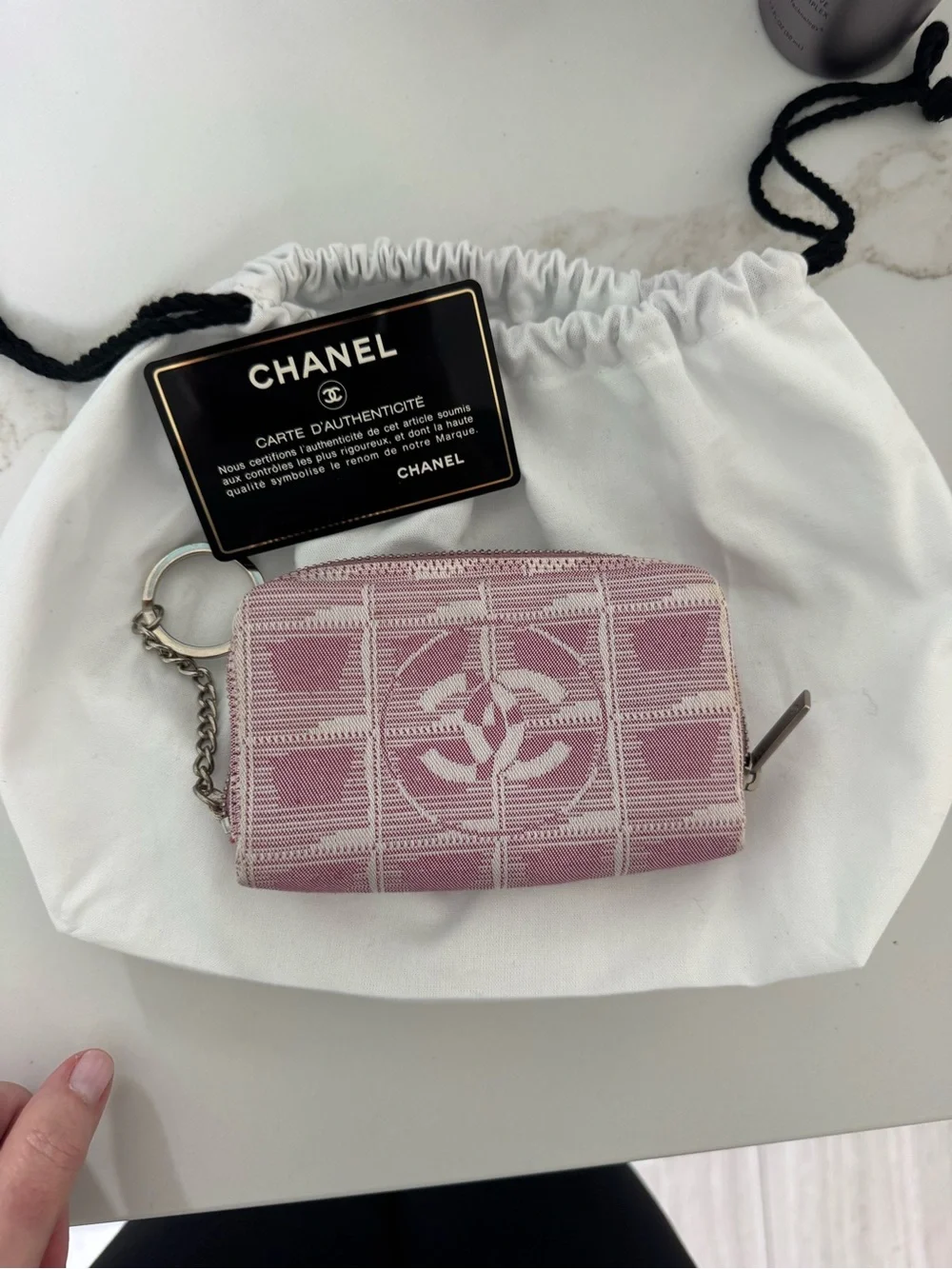 Chanel New Travel Line Coin Case Ring Mini Pouch Canvas Pink Coco